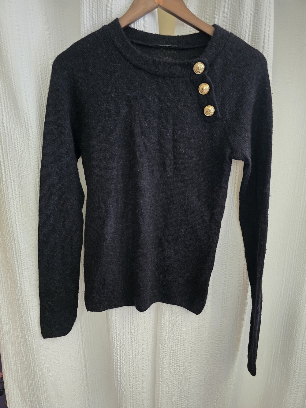 Womens Size 38 Balmain Black Crewneck Sweater with Gold Button Detail